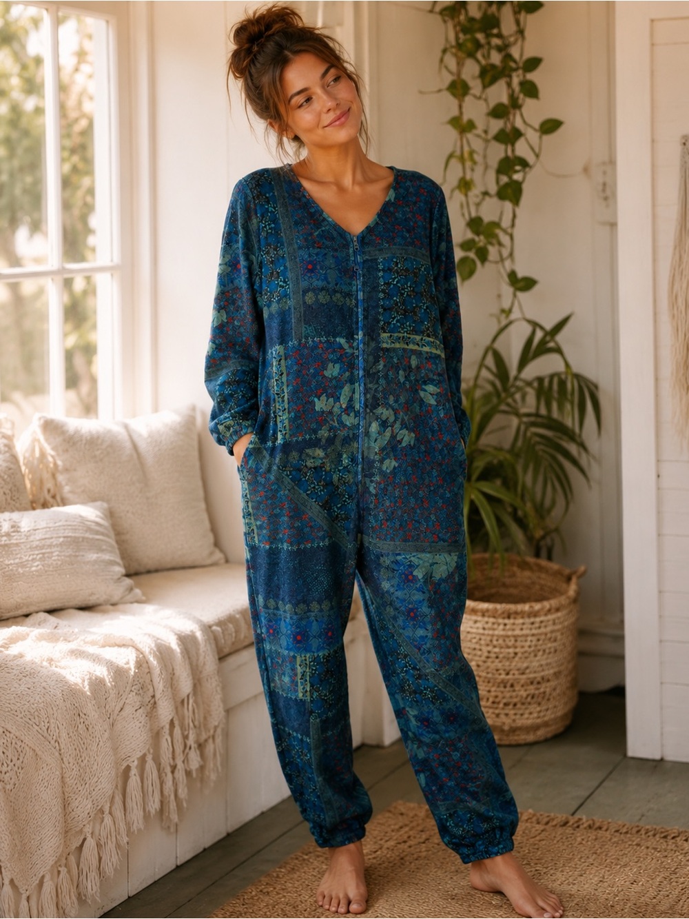 Natural Life NWT Small Blue Patchwork Floral Fleece Onesie Pajamas  retired cozy